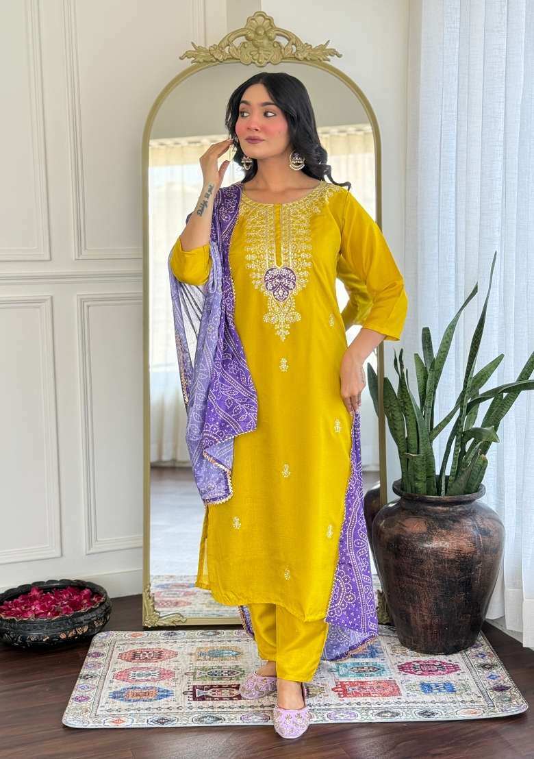 Mustard Yellow Embroidered Silk Straight Kurta Set - Indya