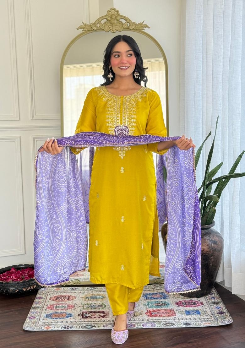 Mustard Yellow Resham Embroidery Art Silk Salwar Kameez With Dupatta