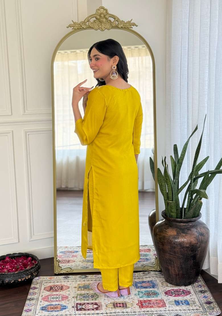 Mustard Yellow Embroidered Silk Straight Kurta Set - Indya