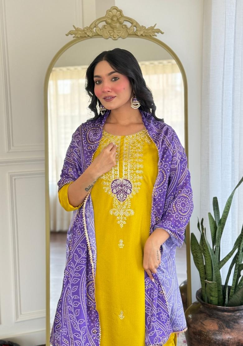 Mustard Yellow Resham Embroidery Art Silk Salwar Kameez With Dupatta