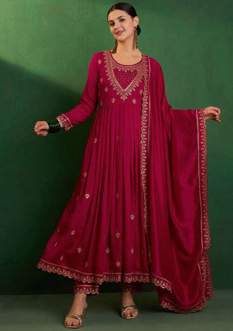Red Resham Embroidery Art Silk Salwar Kameez With Dupatta - Indya