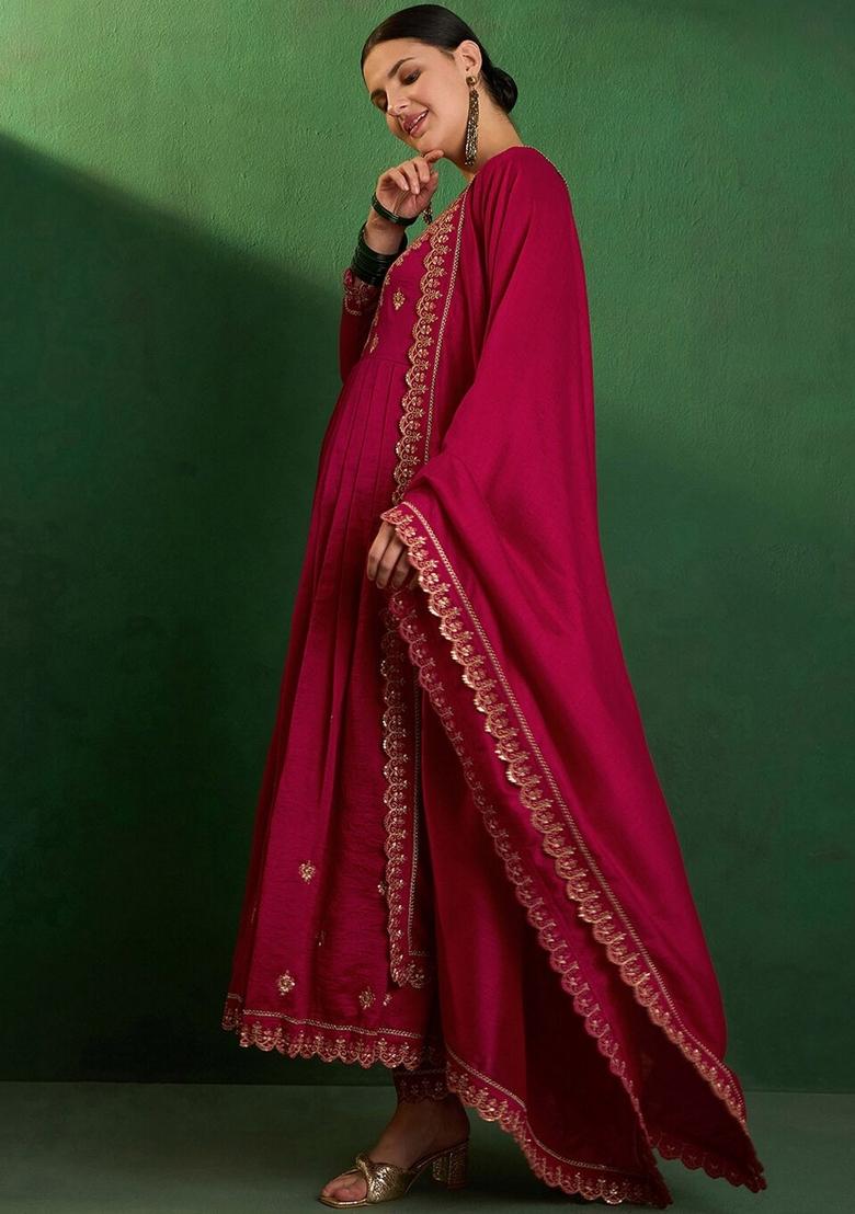 Red Resham Embroidery Art Silk Salwar Kameez With Dupatta