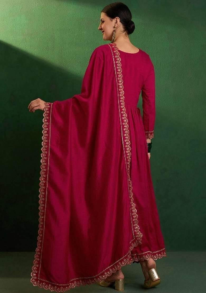 Red Resham Embroidery Art Silk Salwar Kameez With Dupatta - Indya