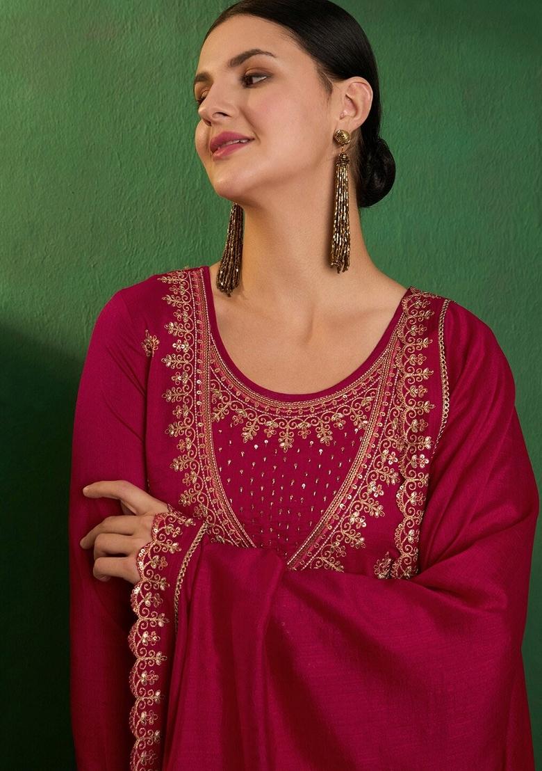 Red Resham Embroidery Art Silk Salwar Kameez With Dupatta