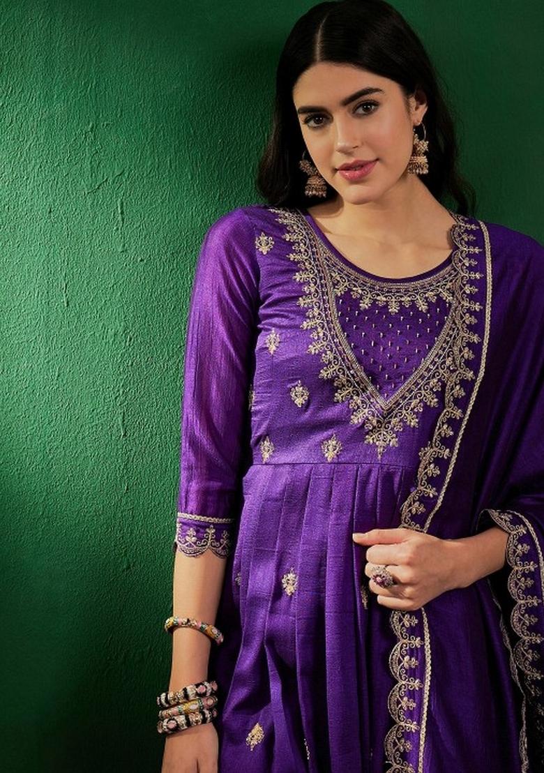 Purple Resham Embroidery Art Silk Salwar Kameez With Dupatta
