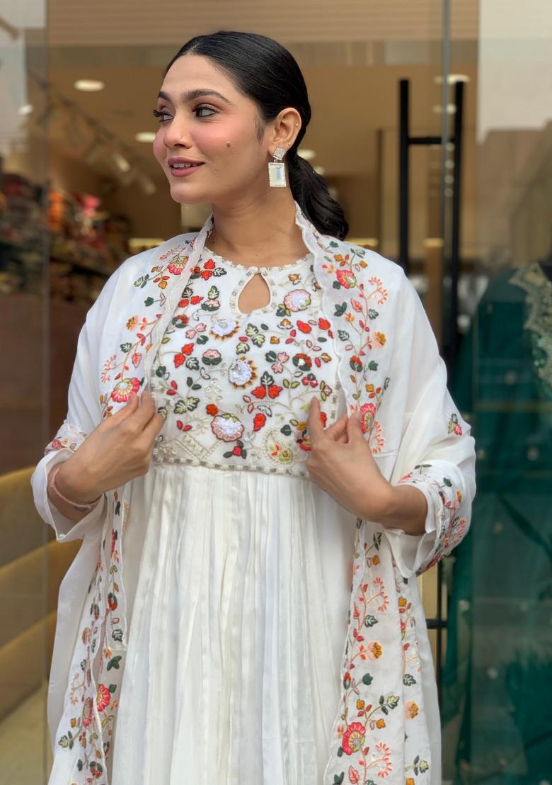 White Resham Embroidery Art Silk Salwar Kameez With Dupatta