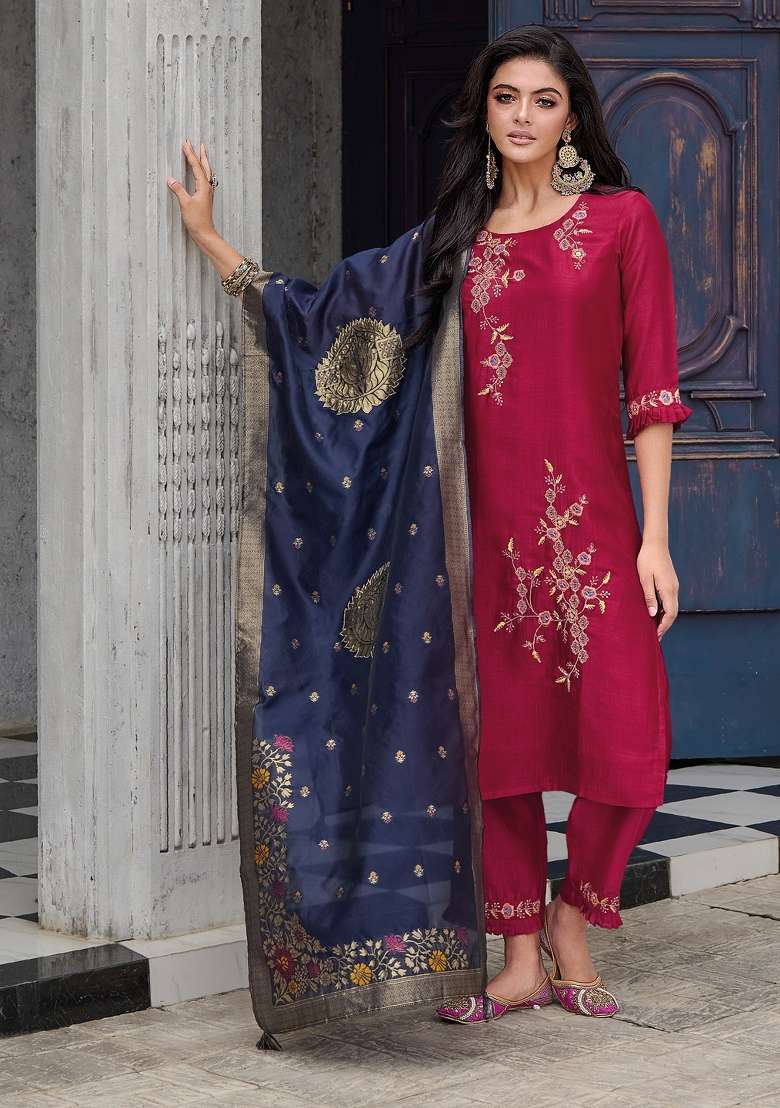 Red Embroidered Viscose Straight Kurta Set - Indya