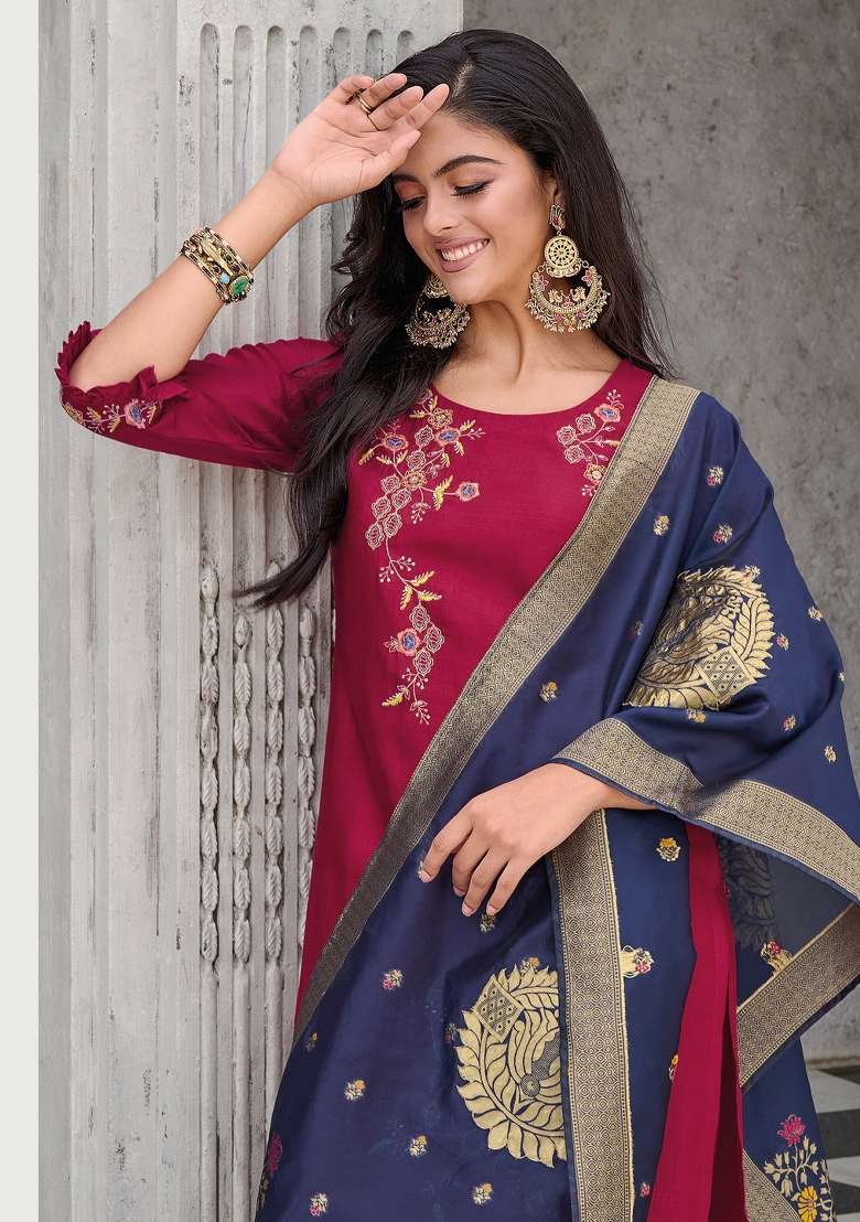 Red Embroidered Viscose Straight Kurta Set - Indya