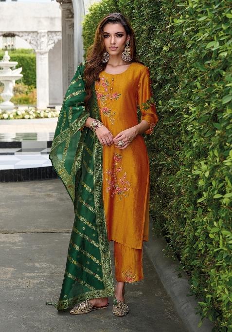 Mustard Yellow Resham Embroidery Viscose Salwar Kameez With Dupatta