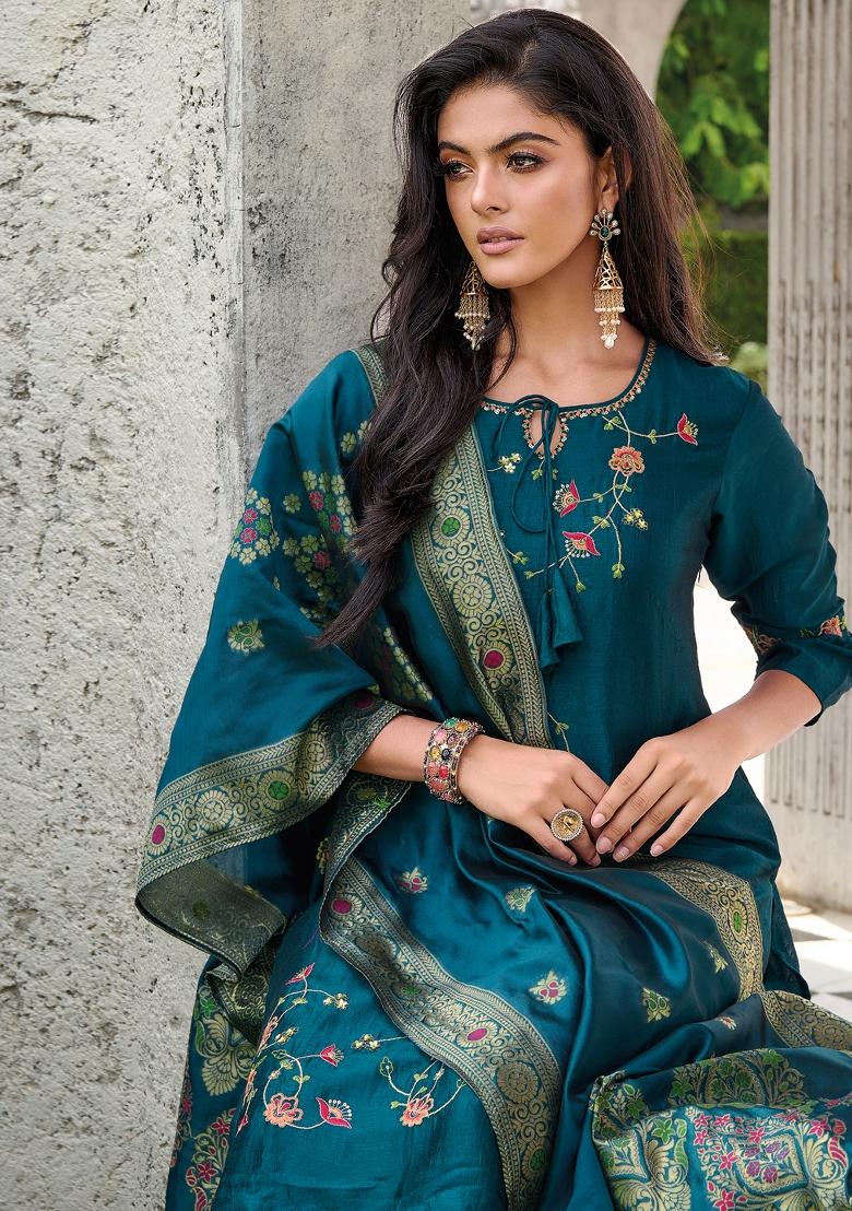 Teal Blue Resham Embroidery Viscose Salwar Kameez With Dupatta