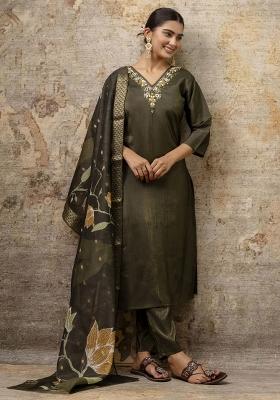 Green Resham Embroidery Art Silk Salwar Kameez With Dupatta