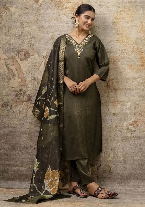 Green Resham Embroidery Art Silk Salwar Kameez With Dupatta