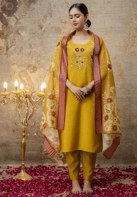 Mustard Yellow Resham Embroidery Art Silk Salwar Kameez With Dupatta
