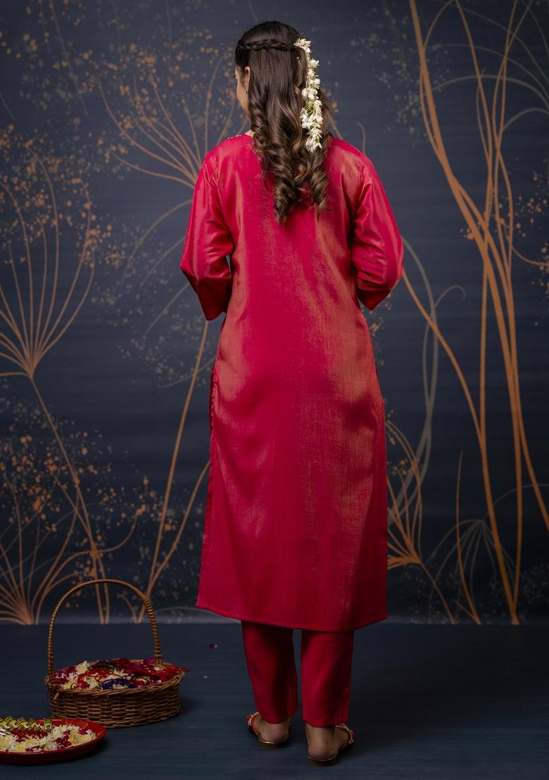 Pink Resham Embroidery Art Silk Salwar Kameez With Dupatta