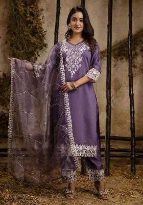 Lavender Resham Embroidery Art Silk Salwar Kameez With Dupatta