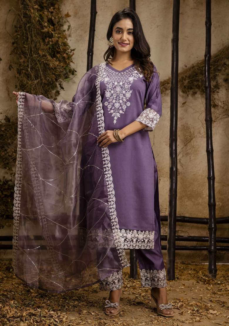Lavender Embroidered Silk Straight Kurta Set - Indya