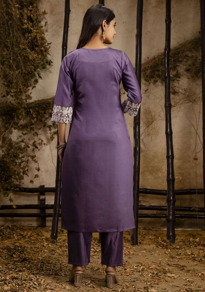 Lavender Embroidered Silk Straight Kurta Set - Indya