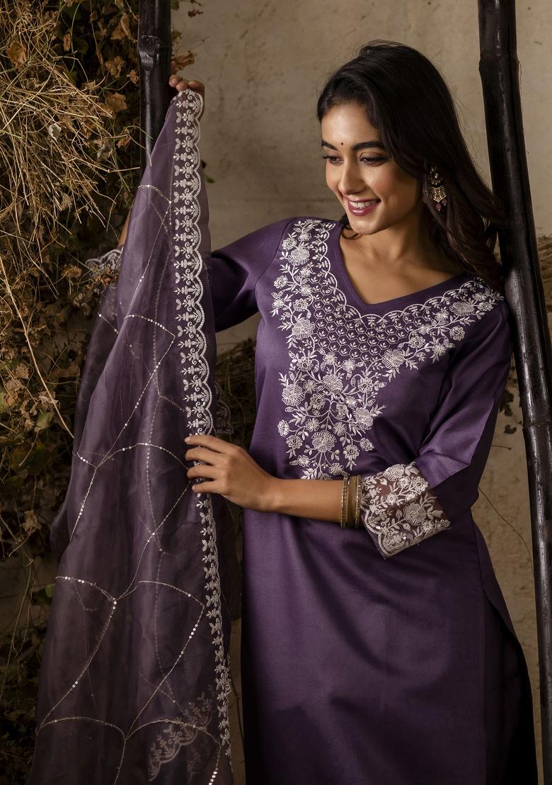 Lavender Resham Embroidery Art Silk Salwar Kameez With Dupatta