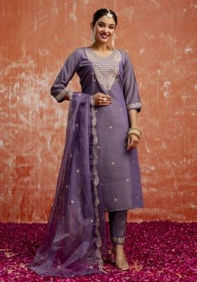 Lavender Resham Embroidery Art Silk Salwar Kameez With Dupatta