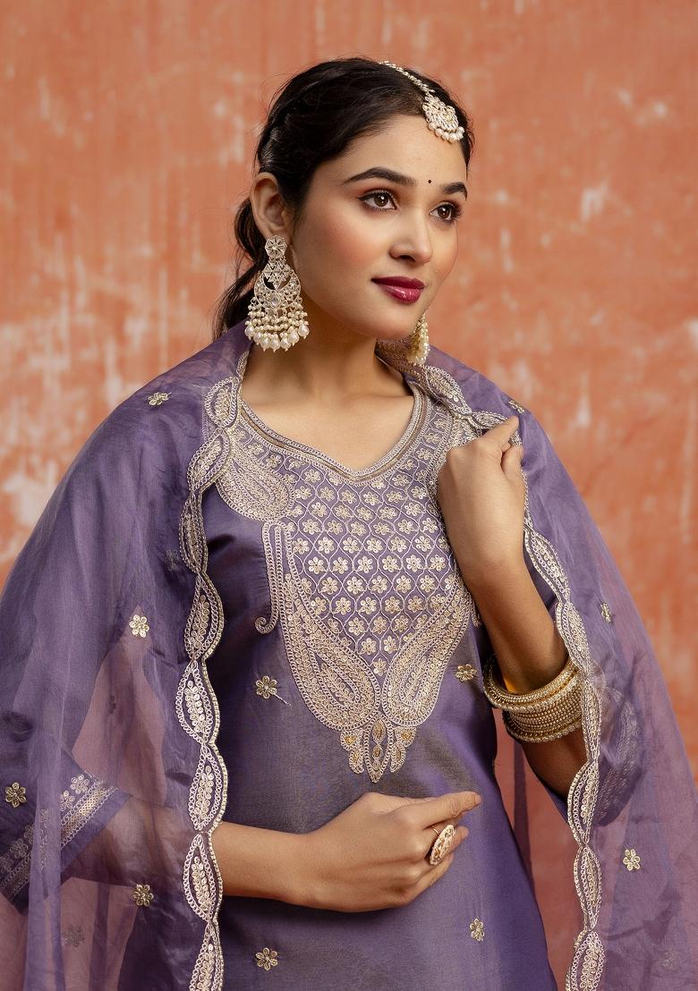 Lavender Resham Embroidery Art Silk Salwar Kameez With Dupatta
