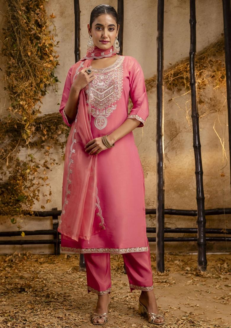 Peach Resham Embroidery Art Silk Salwar Kameez With Dupatta