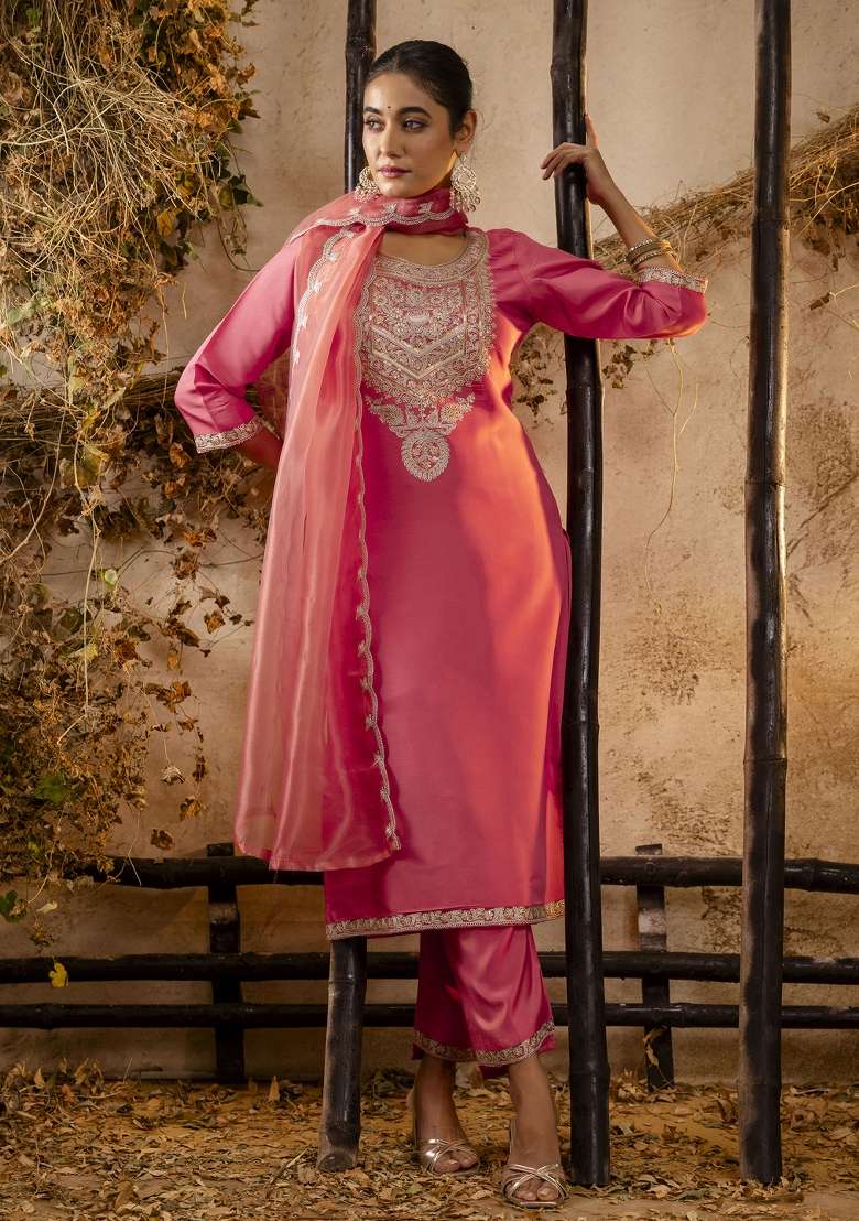 Peach Embroidered Silk Straight Kurta Set - Indya