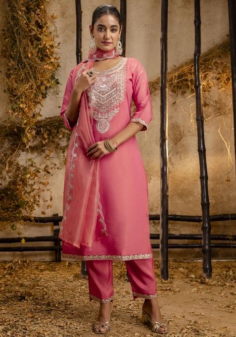 Peach Resham Embroidery Art Silk Salwar Kameez With Dupatta