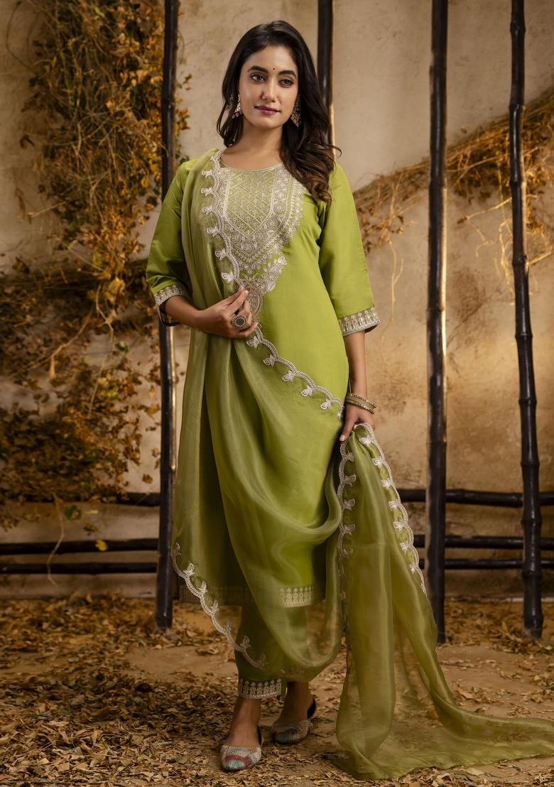 Green Resham Embroidery Art Silk Salwar Kameez With Dupatta