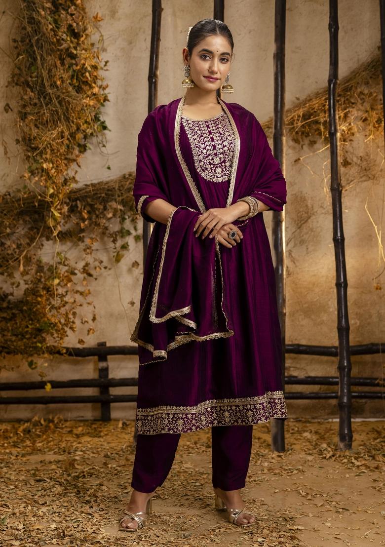 Purple Resham Embroidery Art Silk Salwar Kameez With Dupatta
