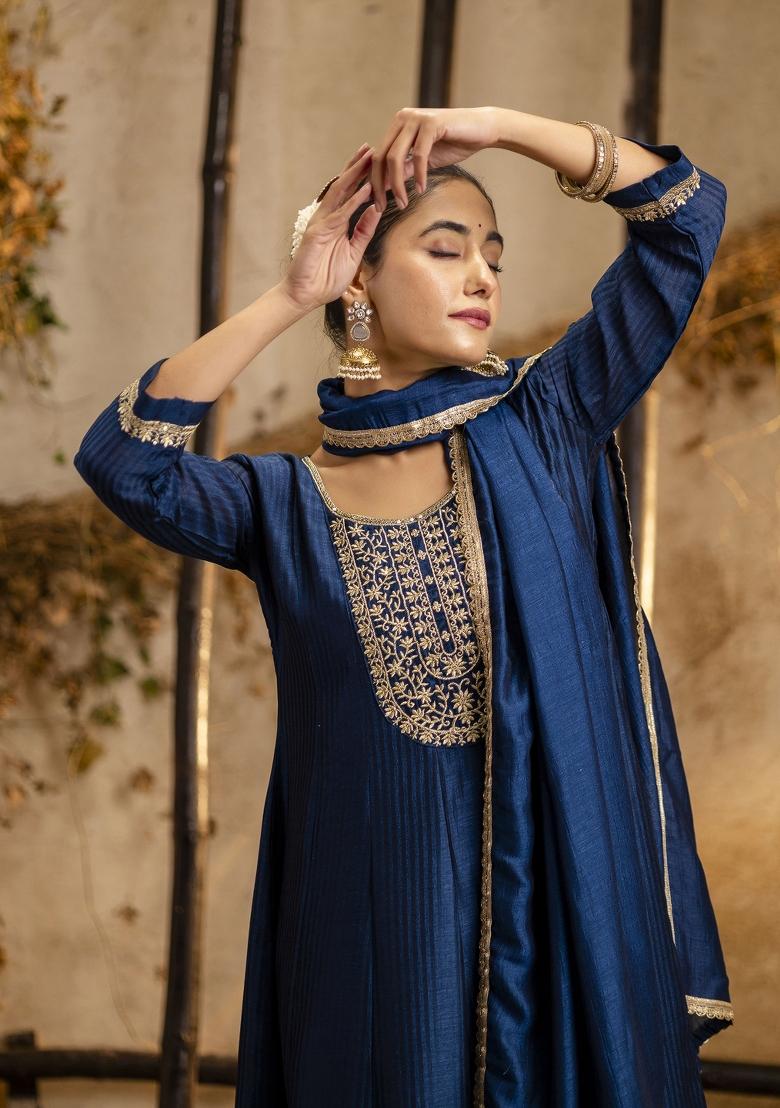 Blue Resham Embroidery Art Silk Salwar Kameez With Dupatta
