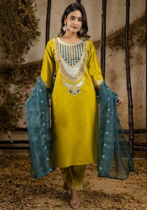 Lemon Yellow Resham Embroidery Viscose Salwar Kameez With Dupatta