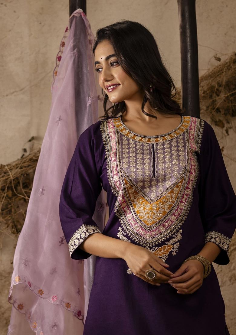 Purple Resham Embroidery Viscose Salwar Kameez With Dupatta