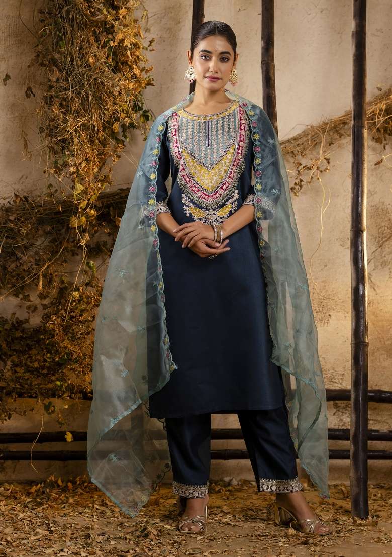 Teal Blue Embroidered Viscose Straight Kurta Set - Indya