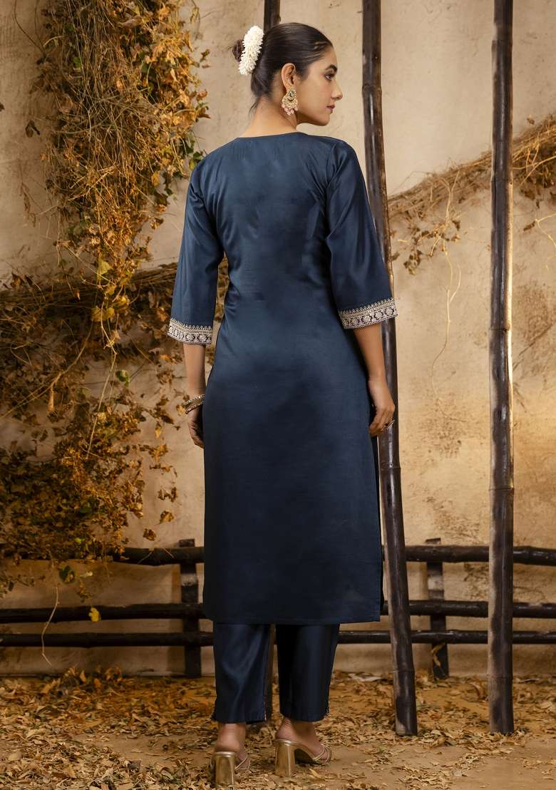 Teal Blue Embroidered Viscose Straight Kurta Set - Indya