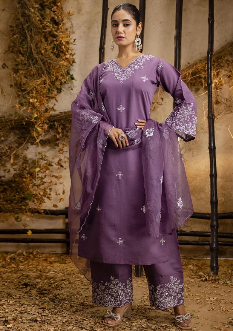 Lavender Resham Embroidery Art Silk Salwar Kameez With Dupatta