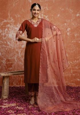 Orange Resham Embroidery Art Silk Salwar Kameez With Dupatta