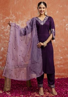 Purple Resham Embroidery Art Silk Salwar Kameez With Dupatta