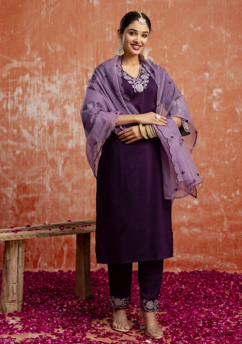 Purple Resham Embroidery Art Silk Salwar Kameez With Dupatta
