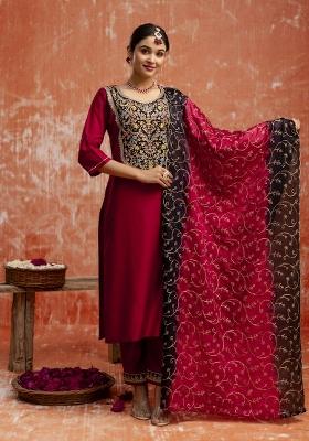 Maroon Resham Embroidery Viscose Salwar Kameez With Dupatta