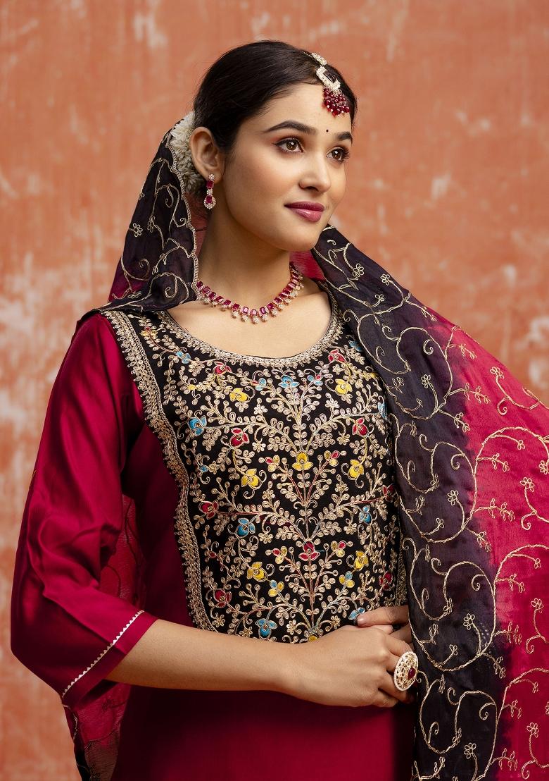 Maroon Resham Embroidery Viscose Salwar Kameez With Dupatta
