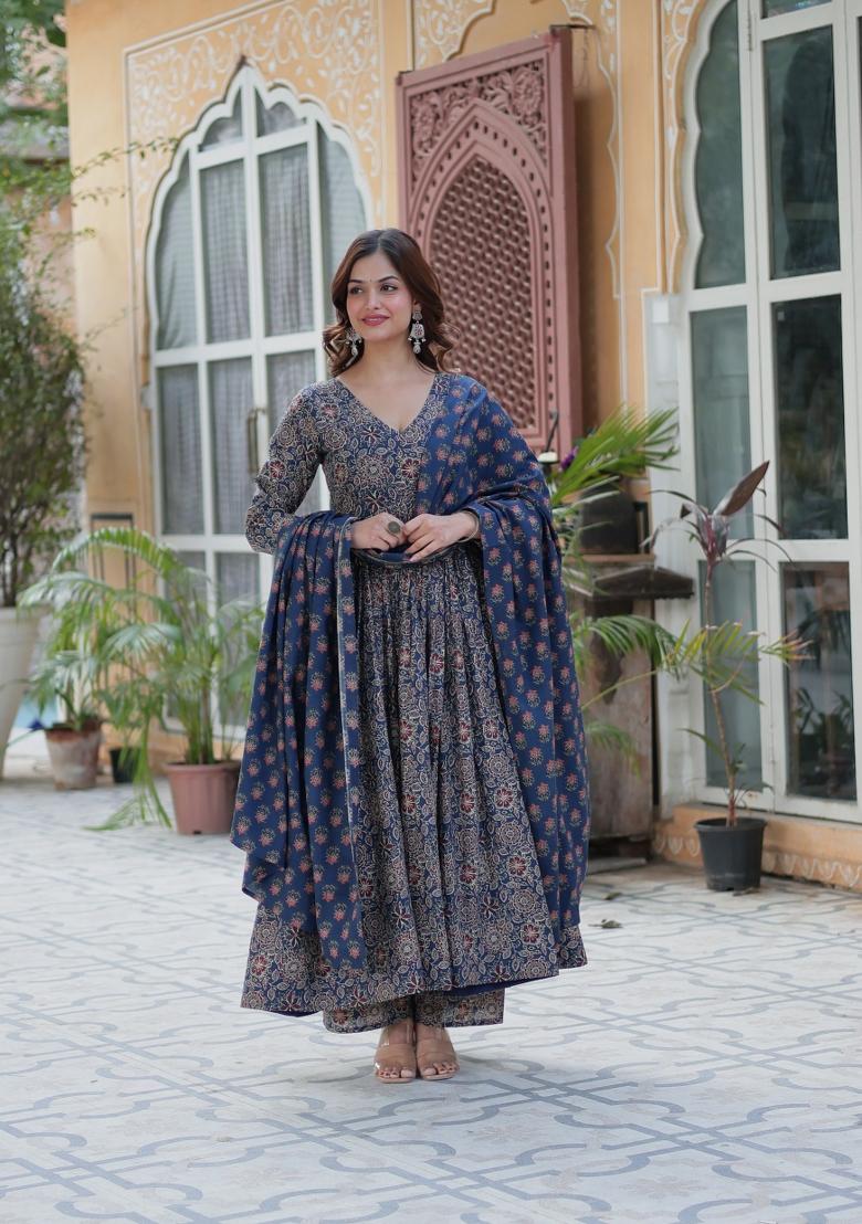 Blue Abstract Print Cotton Salwar Kameez With Dupatta