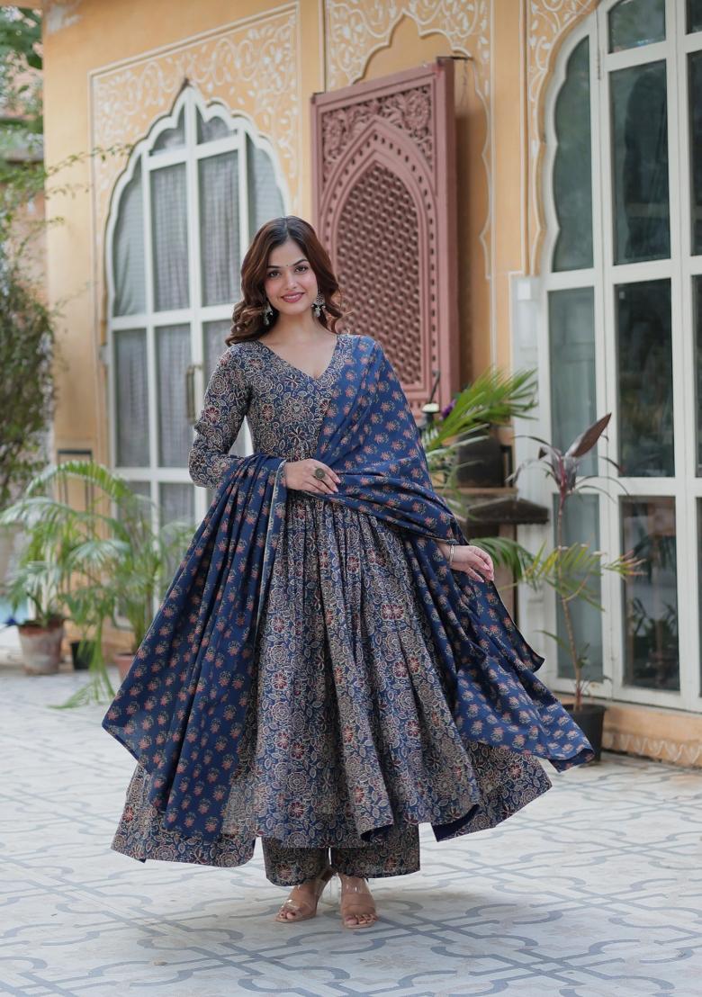 Blue Abstract Print Cotton Salwar Kameez With Dupatta