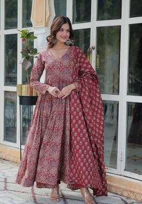 Maroon Abstract Print Cotton Salwar Kameez With Dupatta