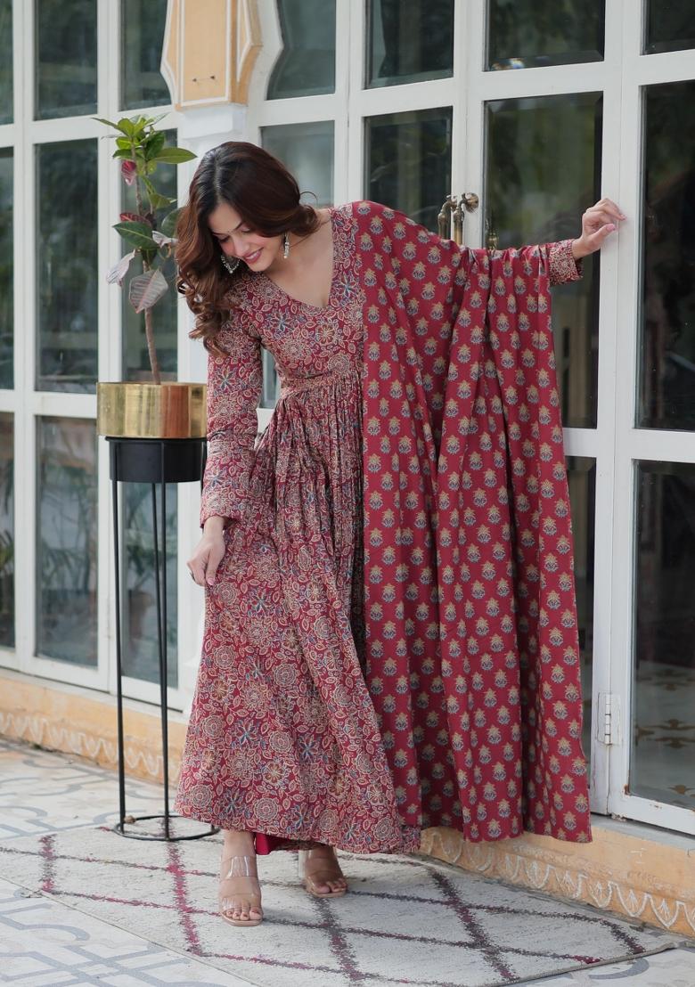 Maroon Abstract Print Cotton Salwar Kameez With Dupatta