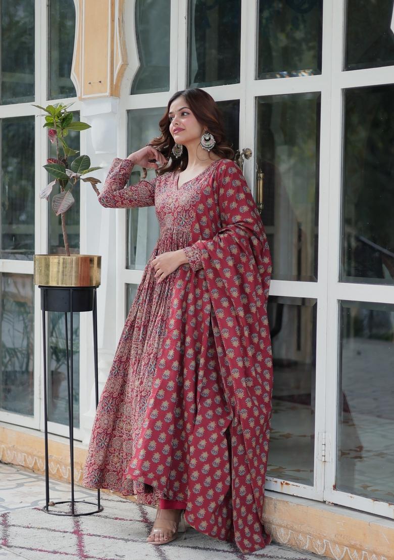 Maroon Abstract Print Cotton Salwar Kameez With Dupatta