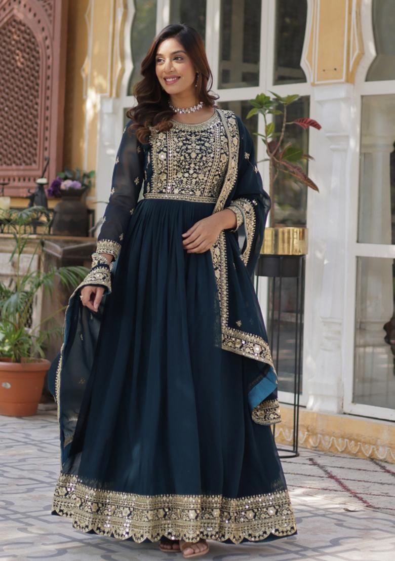 Green Zari Work Georgette Anarkali Set With Dupatta