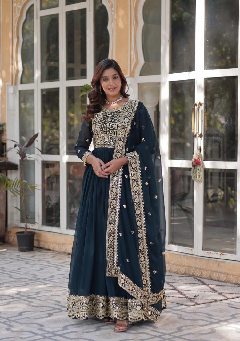 Green Zari Work Georgette Anarkali Set With Dupatta