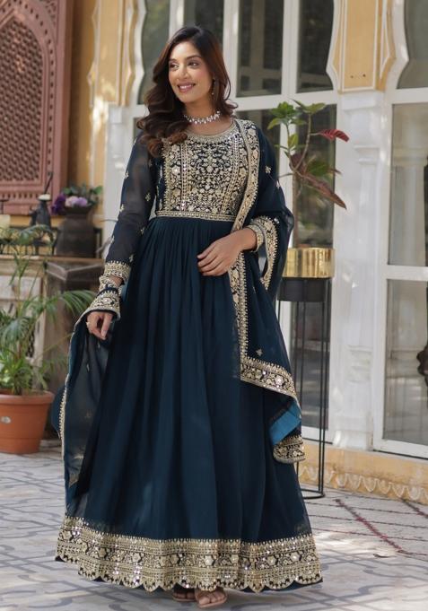 Green Zari Work Georgette Anarkali Set With Dupatta