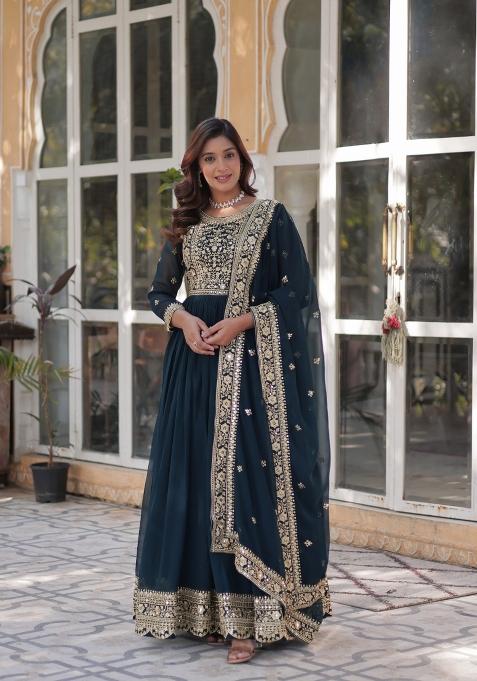 Green Zari Work Georgette Anarkali Set With Dupatta
