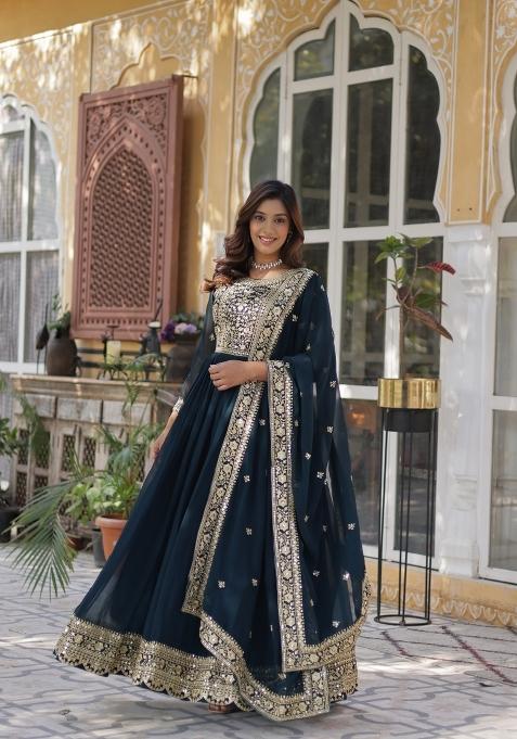 Green Zari Work Georgette Anarkali Set With Dupatta